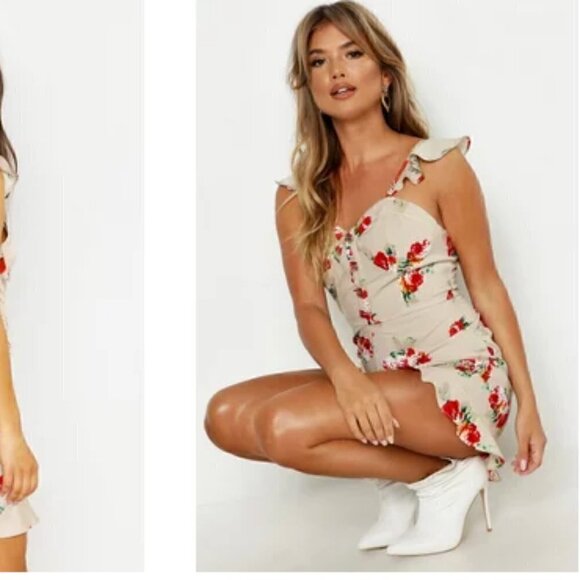 Nwt- Boohoo-Floral Sweetheart Ruffle Hem Shift Dress - Picture 3 of 15